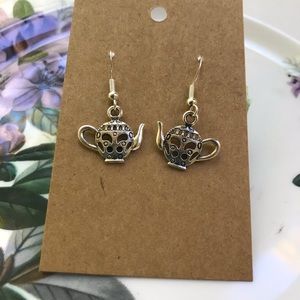 Small dangly silver tone teapot earrings
